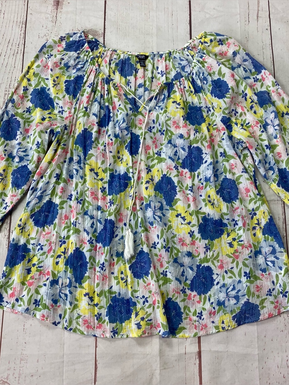 Chaps Denim 2X Peasant Top Floral Scoop Neck Drawstring Long Sleeve Thin Cotton